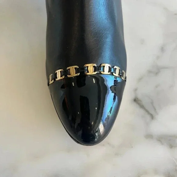 Salvatore Ferragamo | Atri Logo Gold Chain Leather Bootie - Black / Sz 9.5 - Picture 4 of 12